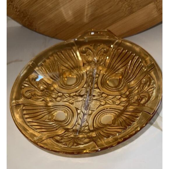 Vintage Indiana Glass Iridescent Amber Killarney Divided Relish Dish Handle - Picture 1 of 9